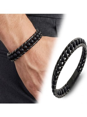 Karpınar Çelik Takı 6mm Mat Oniks Taşlı Deri Kordon ve Çelik Bileklik