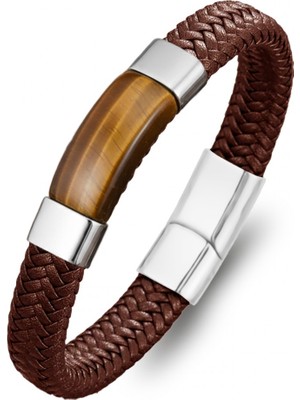 Karpınar Çelik Takı Kaplan Gözü Taşlı Kahverengi Deri Erkek Çelik Bileklik