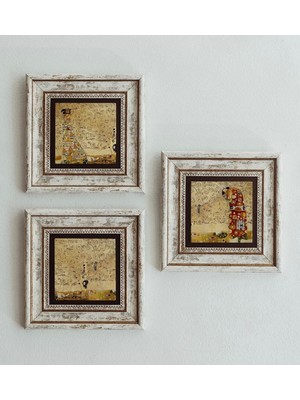 TeknoKapsül Gustav Klimt 3'lü Çerçeveli Taş Tablo , Çerçeveli Taş Duvar Dekoru 20 cm