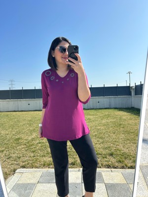 Kadın Büyük Beden Taş Detaylı Mor BLUZ-BGB123 - Charamela