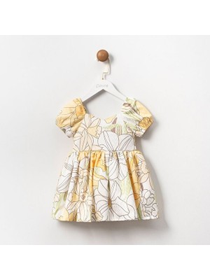 Cumino Sarı Çiçekli Fiyonklu Kız Elbise