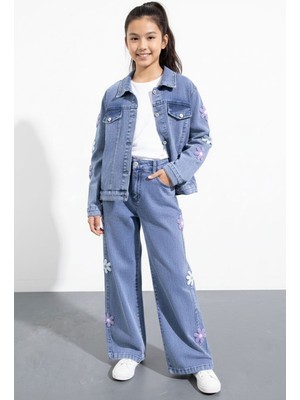 Cansın Mini Mavi Çiçek Desenli Düğmeli Ceketli Pantolonlu Kız Çocuk Jean Takım 23485