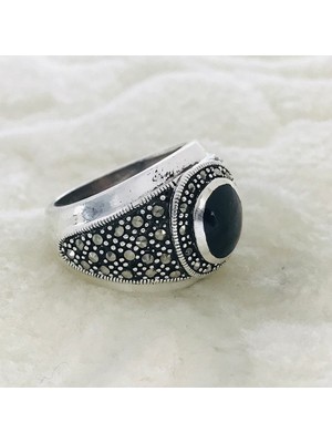 Canka Siyah ve Markazit  Taşlı 925 Ayar Gümüş Erkek Yüzük