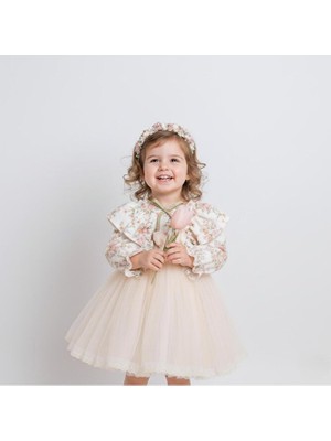 ministok Flora Çiçek Desenli Tül Etekli Uzun Kollu Bebek Elbisesi