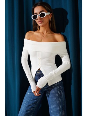 LTG Nova Madonna Yaka Düğmeli Bluz Beyaz