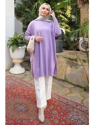 İmaj Butik Lila Salaş Kalıp Uzun Boy Triko Tunik