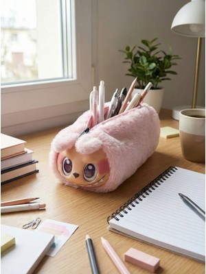 Neşeli Home Sevimli Labubu Karakterli Tüylü Kalemlik Fermuarlı Yumuşak Kalem Kutusu – Pembe