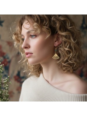 Ra jewelery Doğal Taşlı Yelpaze Küpe – Aventurin & Altın Kaplama