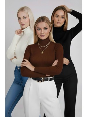 İmaj Butik Siyah - Krem - Kahverengi 3'lü Paket Balıkçı Yaka Triko Body Kazak