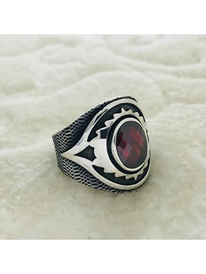 Canka Kırmızı Zirkon Taşlı 925 Ayar Gümüş Erkek Yüzük