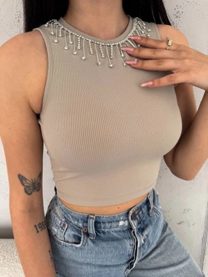 LTG Nova Fitilli Kaşkorse Yakası Zincirli Atlet Vizon