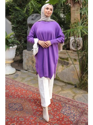 İmaj Butik Koyu Lila Salaş Kalıp Uzun Boy Triko Tunik