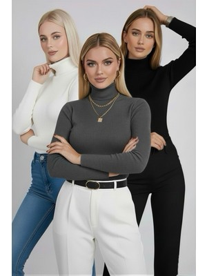 İmaj Butik Füme - Ekru - Siyah 3'lü Paket Balıkçı Yaka Triko Body Kazak