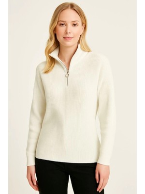 Çamaşır Kenti Kadın Yarım Fermuarlı Triko Kazak – Selanik Örgü, Dik Yaka, Pamuklu Dokuma, Oversize Uzun Kollu Kışlık Model