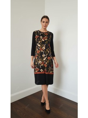 Mare Butik Çiçek Desenli Uzun Kollu Midi Elbise – Siyah S