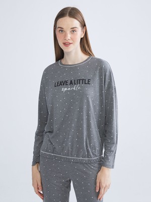 LC Waikiki Gri Bisiklet Yaka Baskılı Kadın Pijama Takımı