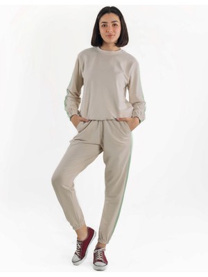 ASN Concept Kadın Taş Rengi Şeritli Eşofman Takımı (Büyük Beden Seçeneğiyle)