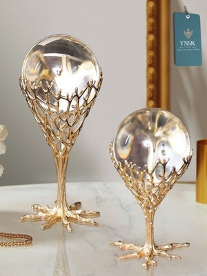 YNSK Luxury Odyssey 2'li Pirinç Deve Kuşu Ayağı Dekoratif Kristal Küre Seti - Lüks Masa Üstü Obje