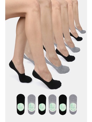 ERENART Bambu Kadın Babet 3 Siyah - 3 Gri Çorap Dikişsiz Görünmez Kaydırmaz Topuk Silikonlu 6'lı Paket