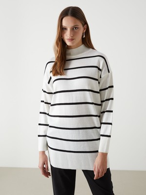 Lc Waikiki Yeni Sezon Dik Yaka Çizgili Kadın Triko Tunik