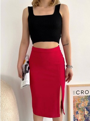 LTG Nova Yırtmaçlı Esnek Kumaş Midi Boy Etek Koyu Kırmızı