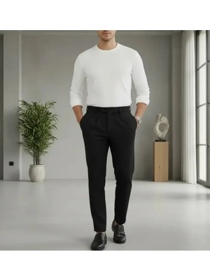 Moda Siyah Poliviskon Çift Pileli Pantolon