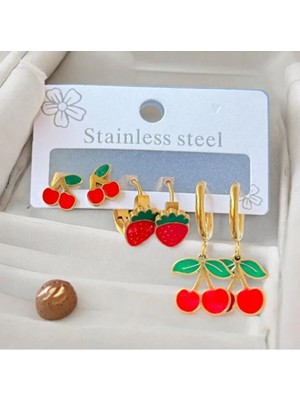 Hediye Vakti Kiraz & Çilek Figürlü Gold Renk Çelik Küpe Seti – Paslanmaz Çelik, Çoklu Küpe