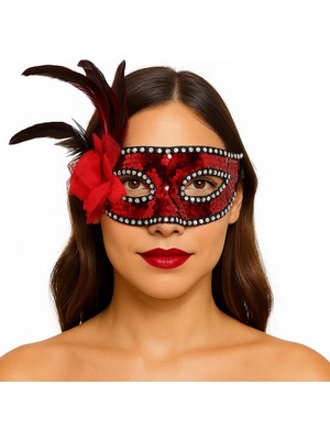 Eco Port Kırmızı Renk Yandan Tüylü Güllü Gümüş Taşlı Pullu Maske 20X22 cm