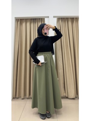 By Esma Eser Pileli Etek - Haki