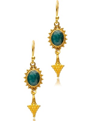 Ily Jewelry 925 Ayar Gümüş Altın Kaplama Kök Zümrüt Küpe