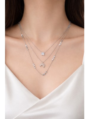 Huma Butik Takı Aksesuar Ay ve Tektaş Detaylı Gümüş Renk Üçlü Kolye Seti