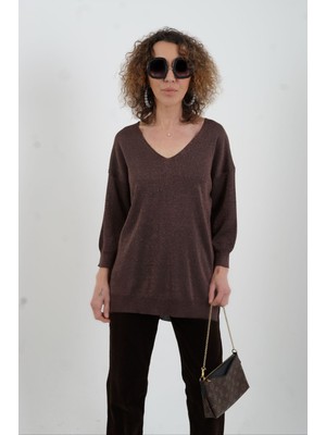 Zelish My Sister Koyu Kahve Simli V Yaka Truvakar Kol Triko Kazak