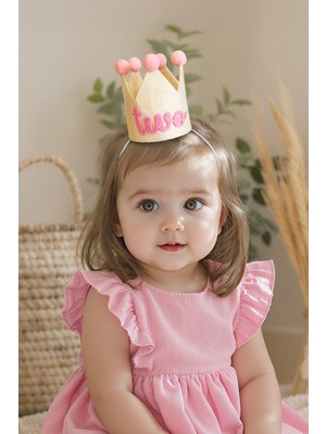 Niksy Design Two Pembe Ponponlu Mini Doğum Günü Tacı - 2 Yaş Kız Bebek Parti Şapkası