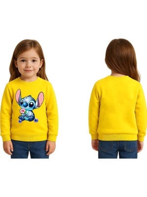 Sedirli Unisex Stitch Baskılı Çocuk Swaetshirt 3 Iplik Şardonlu