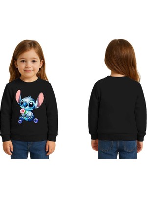 Sedirli Unisex Stitch Baskılı Çocuk Swaetshirt 3 Iplik Şardonlu