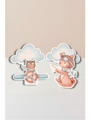 Niksy Design Pilot Ayıcık Uçak Temalı Masa Süsü Ayaklı Pano Seti