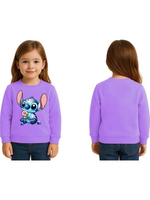 Sedirli Unisex Stitch Baskılı Çocuk Swaetshirt 3 Iplik Şardonlu