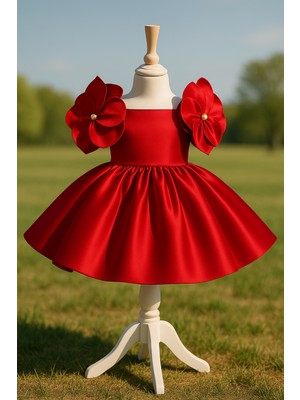 Musgem Özel Tasarım Kırmızı Çiçek Detaylı Saten Kız Çocuk Abiye Elbise
