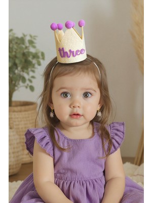 Niksy Design Three Mor Ponponlu Mini Doğum Günü Tacı - 3 Yaş Kız Bebek Parti Şapkası