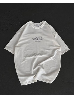 Alfanora Unisex Bisiklet Yaka Baskılı Oversize T-Shirt - Beyaz