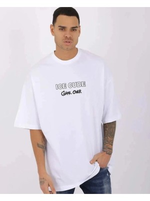 Alfanora Unisex Bisiklet Yaka Baskılı Oversize T-Shirt - Beyaz