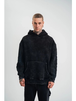 Alfanora Unisex Uzun Kol Kapşonlu Yıkamalı Nakışlı Sweatshirt - Siyah