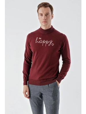 Alfanora Baskılı Uzun Kol Yarım Boğazlı Dokuma Triko - Bordo