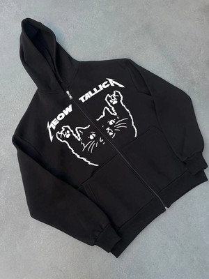 Alfanora Kışlık Baskılı Fermuarlı Kapüşonlu Hırka - Siyah