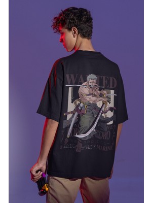 Sevbano Wanted Roronoa Zoro Sırt Baskılı Unisex Oversize One Piece Anime Tişört