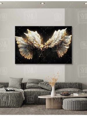 SML Tablo Sürrealist Tasarım Altın Kanatlar Gold Melek Kanadı Açılmış Beyaz Kanat Yatay Kanvas Tablo