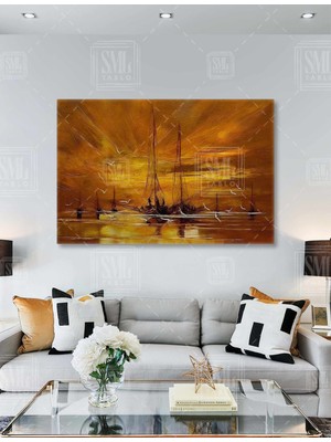 SML Tablo Alacakaranlık Balıkçı Limanı Deniz Tekne Kayık Yelkenli Gemi Gün Batımı Yatay Kanvas Tablo