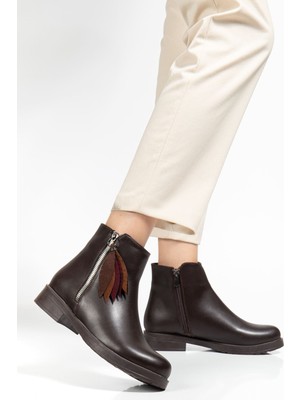 Shemard Kahve Yaprak Desenli Fermuarlı Günlük Kadın Bot - Kopya