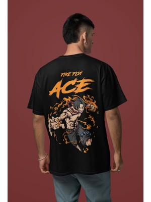 Sevbano Fire Fist Ace Sırt Baskılı Unisex Oversize One Piece Anime Tişört