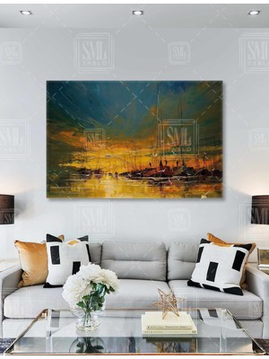 SML Tablo Alacakaranlık Balıkçı Limanı Deniz Günbatımı ve Yelkenliler Yatay Kanvas Tablo